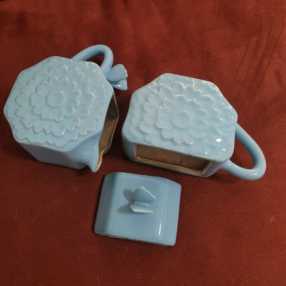 Department 56 Collectible Blue Butterfly Ceramic Creamer and Sugar Set, Embossed - Picture 3 of 4